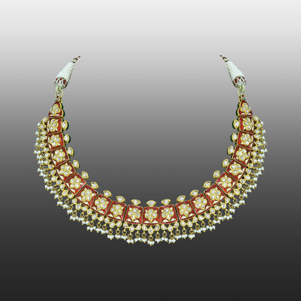 Red Enamel Polki Necklace with Floral Motifs and Cheed Pearls